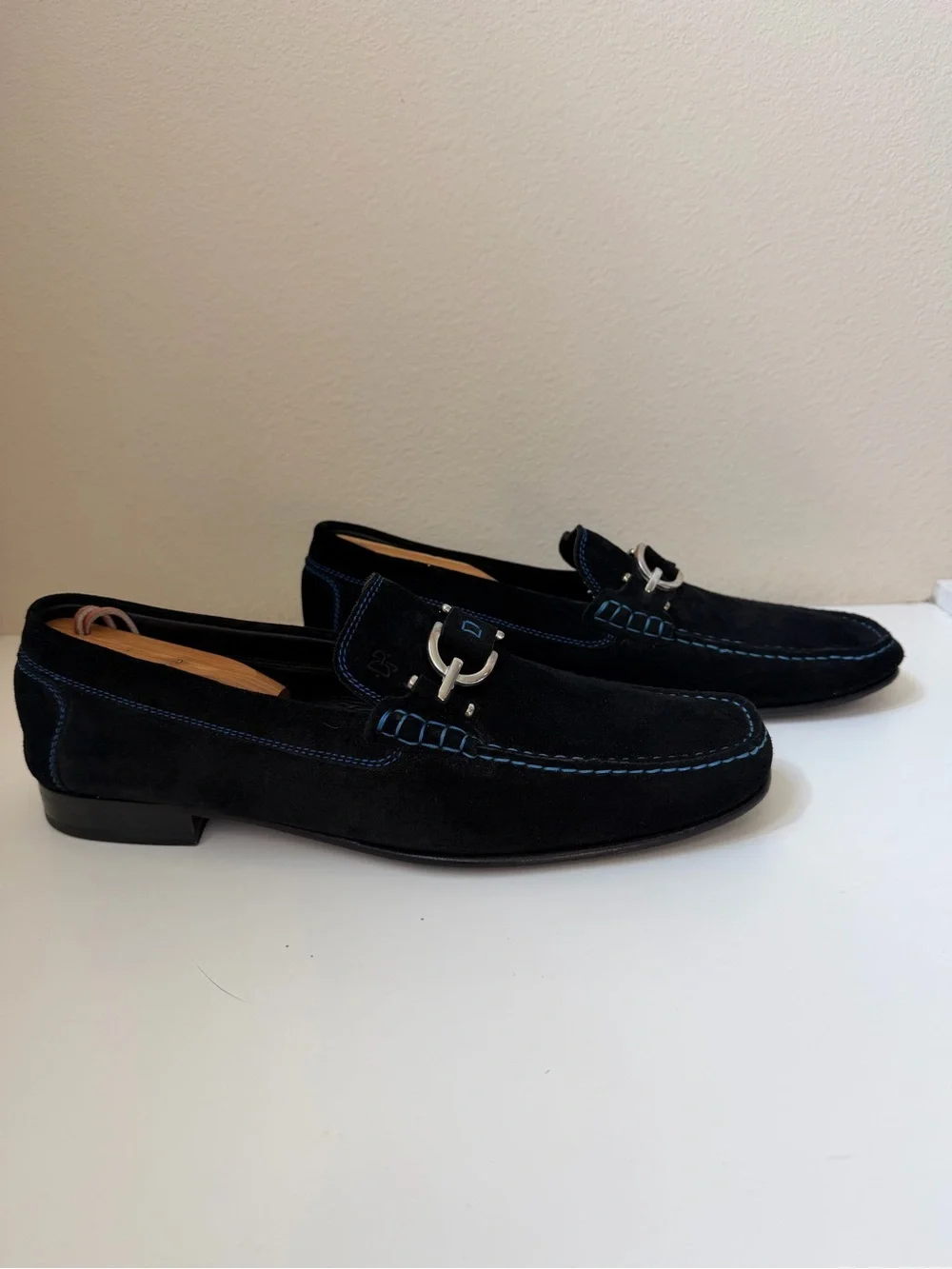 Men's Donald Pliner Black Suede Bit Loafers with Blue Stitching